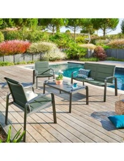 Salon De Jardin ELYN 4 Places - Aluminium Et Texaline - Vert Olive Et Graphite -Garantia Soldes Magasin salon de jardin elyn 4 places aluminium et texaline vert olive et graphite 1
