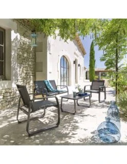 Salon De Jardin Gili 4 Places - Aluminium Et Texaline - Graphite / Anthracite Chiné