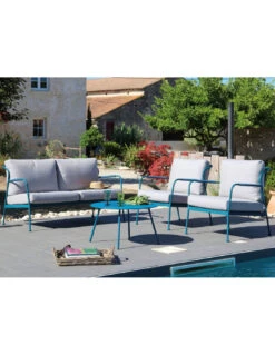 Salon De Jardin Noa 4 Places En Acier - Bleu/Beige Clair -Garantia Soldes Magasin salon de jardin noa 4 places en acier bleubeige clair 3